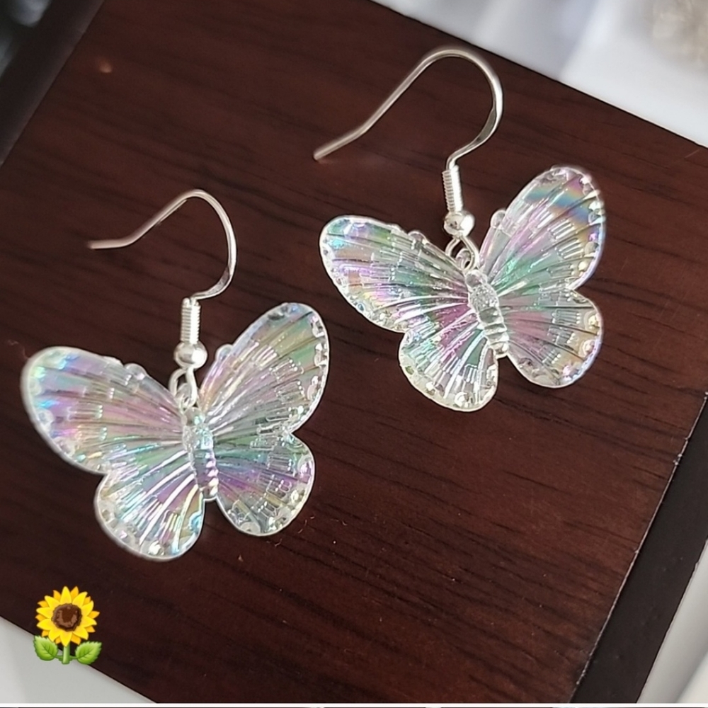 Iridescent Butterfly Drop Earrings - Silver Tone